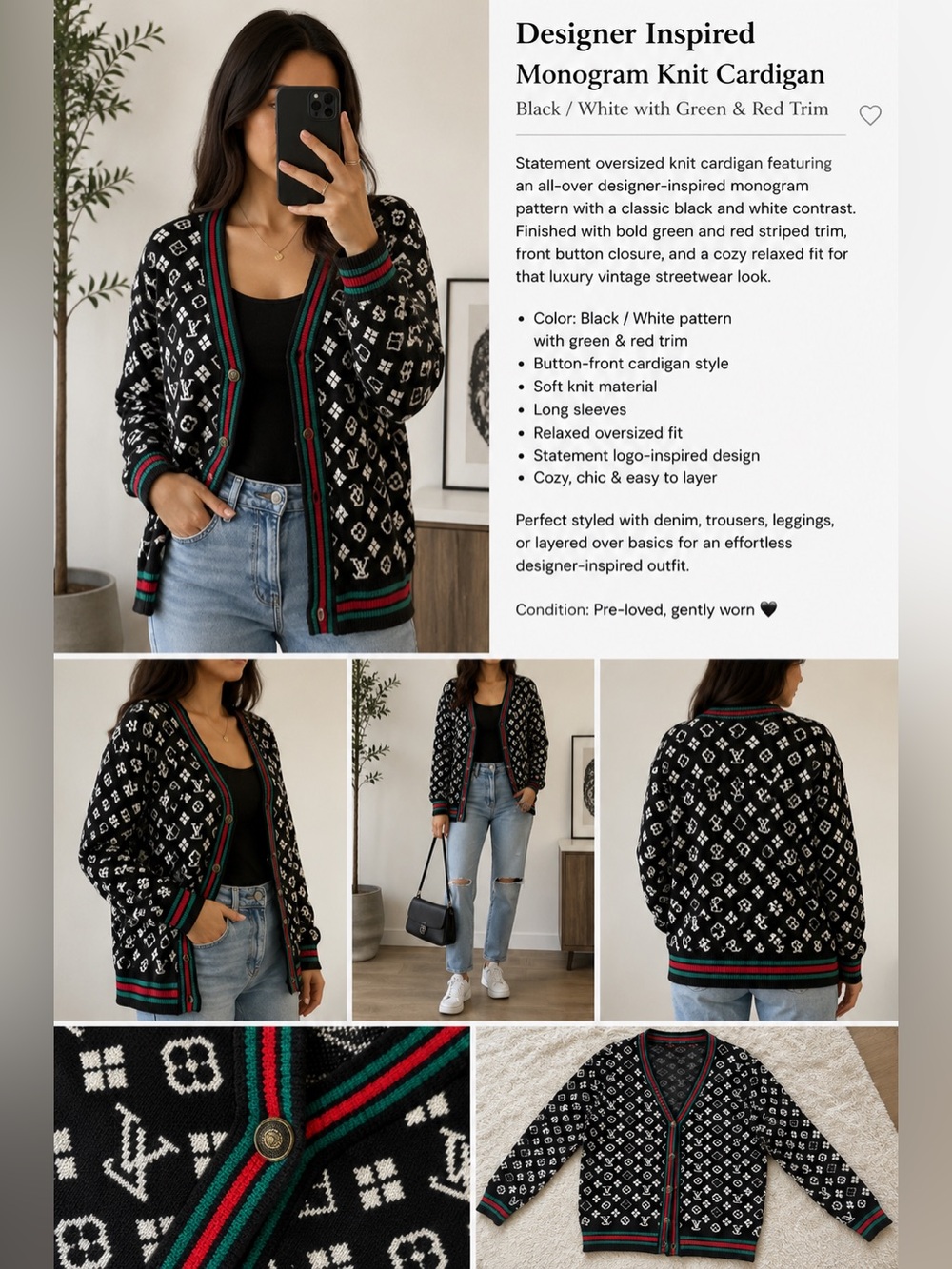 Designer Inspired Monogram Knit Cardigan – Black/White with Green & Red Trim